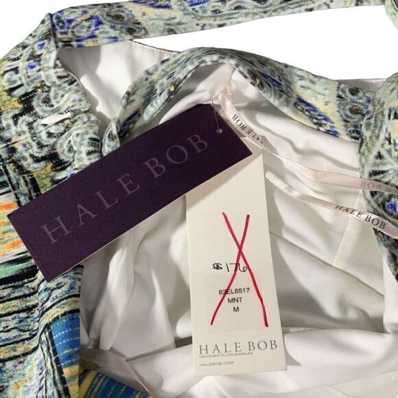 Hale Bob Geometric Colorful Lined Halter Stretch Bodycon Midi Dress V Neck M NWT - Picture 9 of 10